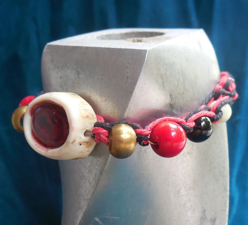 Red Abalone Shell Elk Antler Black Hemp Adjustable Bracelet Anklet w/ Onyx Beads - Image 2 of 4