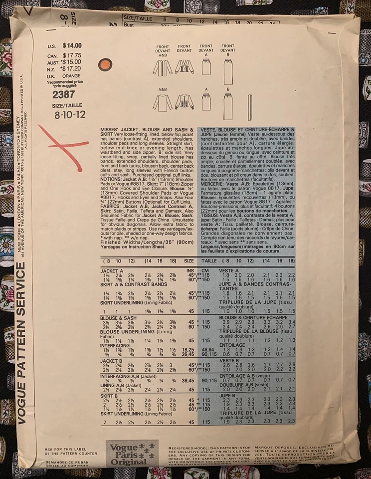 Vogue 2387 Givenchy Sewing Pattern Misses Jacket Blouse Skirt 8-10-12 Uncut FF - Image 2 of 4