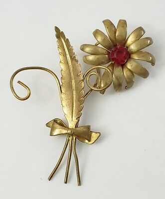 Vintage Brass Gold Tone Red Faceted Plastic Stone Flower Floral