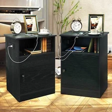 Wood Nightstand Set of 2 with Charging Station Sofa Side End Table Night Stand
