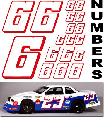 WHITE w/RED (#6's) Racing Numbers Decal Sticker Sheet 1/8-1/10-1/12 RC 