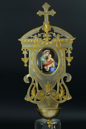 ANCIEN BÉNITIER 19 EME METAL DORÉ MINIATURE PEINTE HOLY WATER FONT