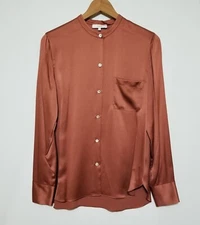 NWT Vince Slim Satin Band Collar Silk Blouse in Rosewood Size 0,2,4,6,8 $295