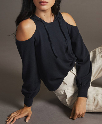 Anthropologie Daily Practice Women's Black Open Shoulders Isla Hoodie Sz M