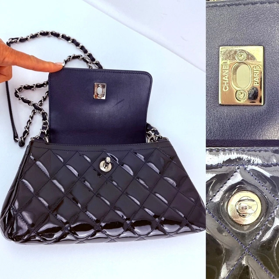 Chanel Mediano Coco Brillo Acordeón Charol Azul Marino Oscuro Solapa Crossbo One Foto 3 de 4