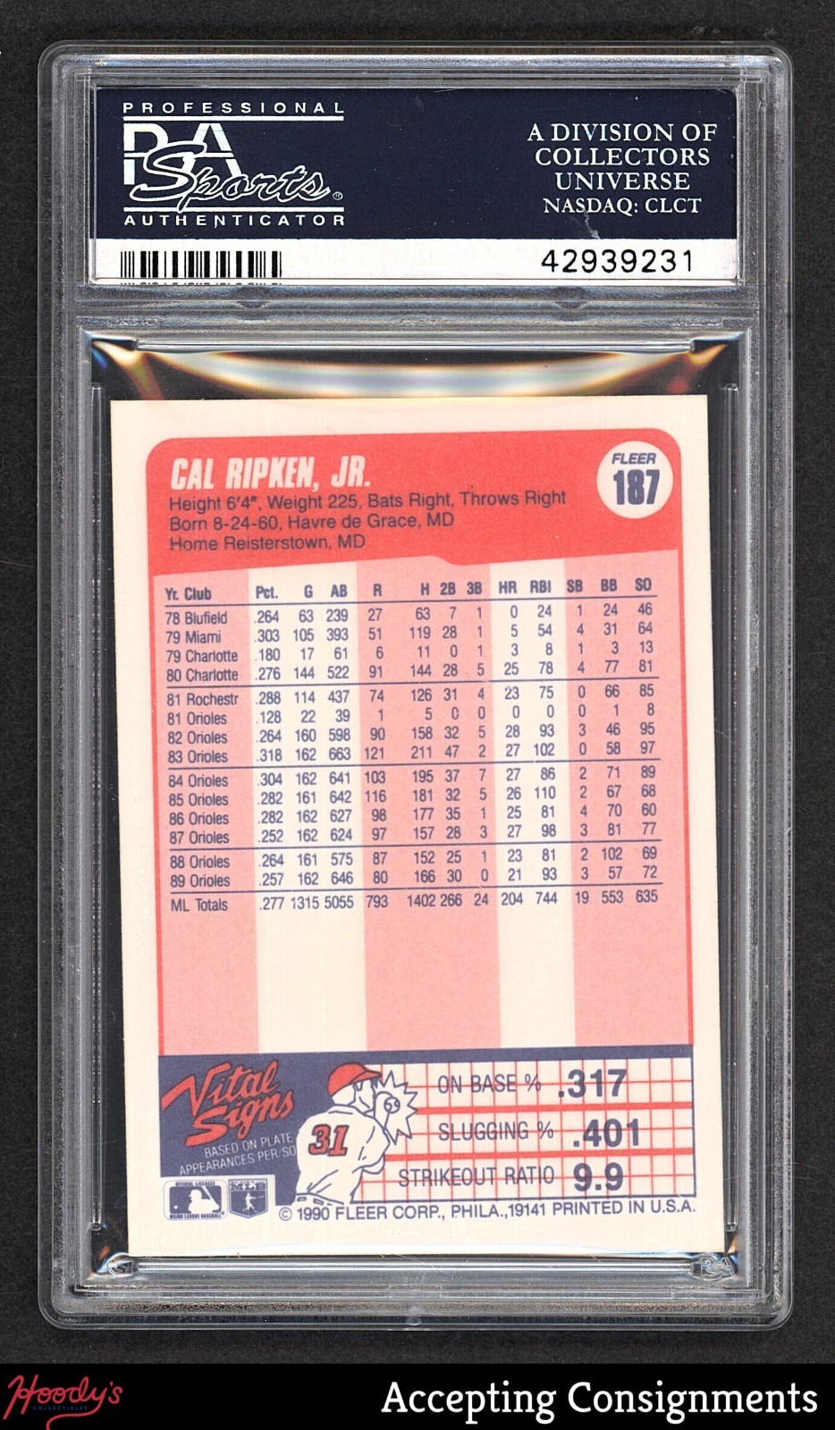 1990 Fleer #187 Cal Ripken Jr. ORIOLES HOF PSA 10 GEM MINT view 2