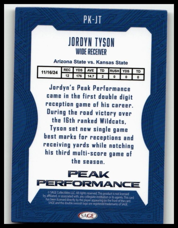 2026 SAGE #PK-JT Jordyn Tyson Peak Performance Purple (High Series)