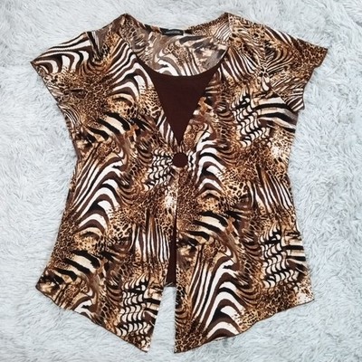 Vintage Notations Shirt Womens XL Blouse Brown Leopard Animal Print Stretch
