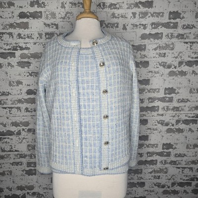 Talbots 2 Piece Set Womens PL Blue White Sweater Knit Jacket & Top Metallic Gold