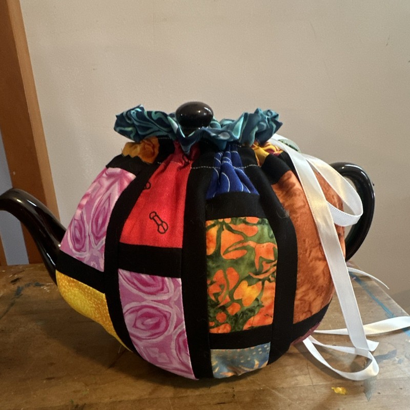 Handmade Patchwork Quilted Tea Cozy Drawstring Closure Multicolor Blue Floral