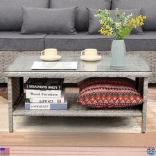 WAROOM Grey Outdoor PE Wicker Coffee Table - Elegant Rattan Garden Side Table