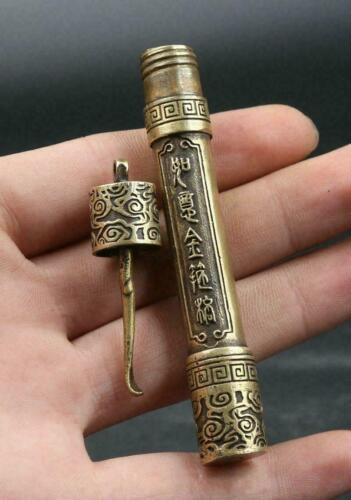 3.5"Chinese Bronze Buddhism Om Mani Padme Hum Golden Cudgel Snuff Bottle Pendant - Picture 1 of 8