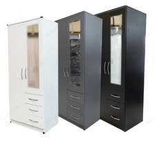 Tall Wooden 2 Door With 3 Drawer Wardrobe Bedroom Storage Hanging Bar