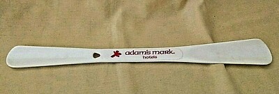 ADAM'S MARK HOTELS SHOE HORN HIS HERS SIDES WHITE PLASTIC RED LOGO VINTAGE LONG.