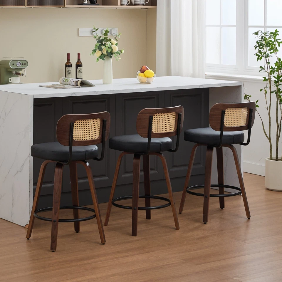 Set of 3 Swivel Walnut Bar Stools Dining Counter Height Barstool Kitchen Island - Image 3 of 4