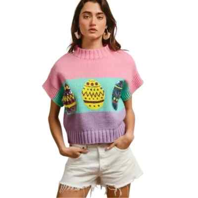 BiBi EASTER EGGS SEQUIN EMBROIDERY RIB BANDED SLEEVELESS COLOR BLOCK SWEATER L