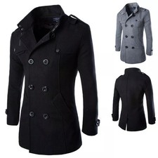 Men Double Breasted Wool Blend Slim Fit Trenc...