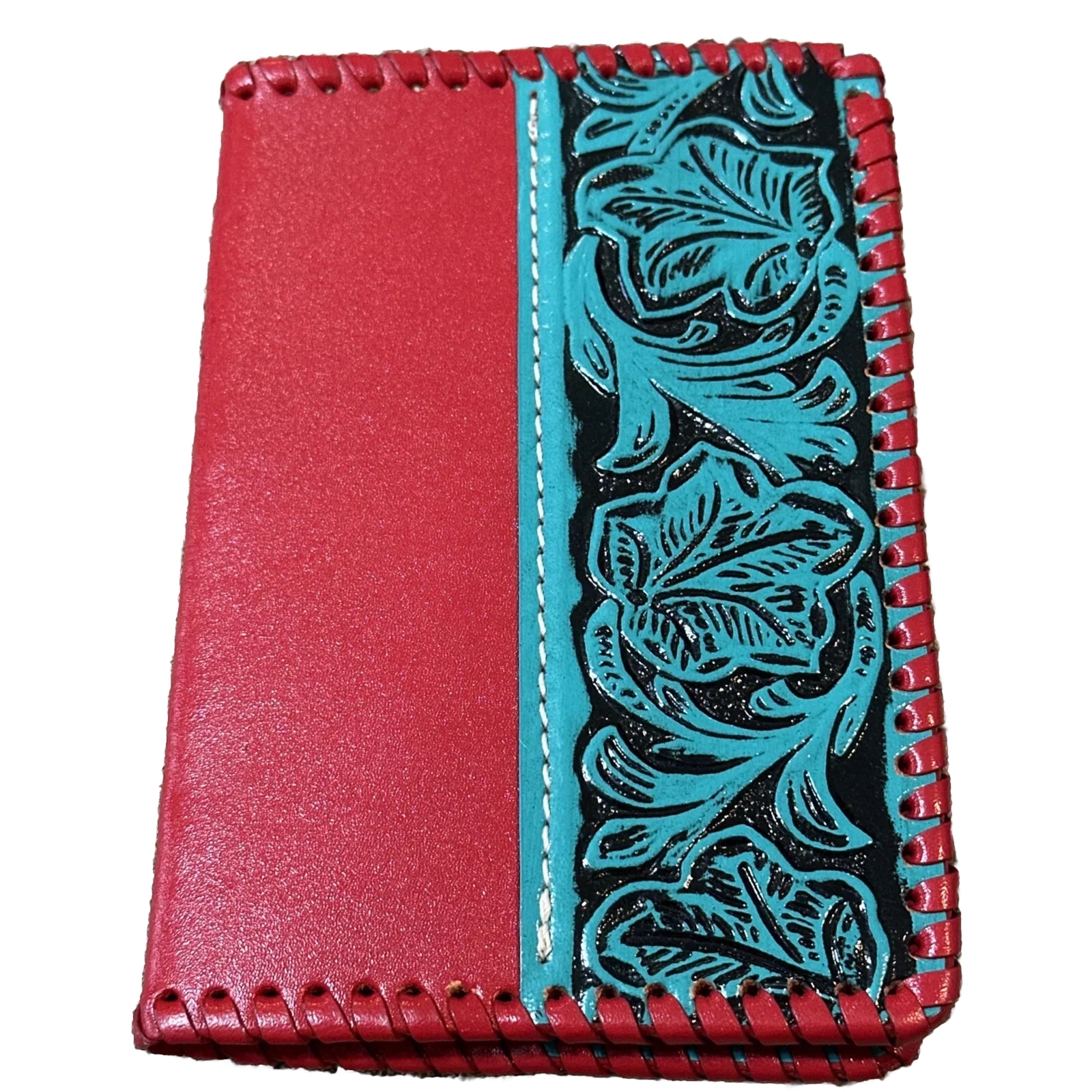 Vintage Consuela Rebecca Retired Red Aqua Tooled Leather Passport Holder 5.75x4 Rare-image