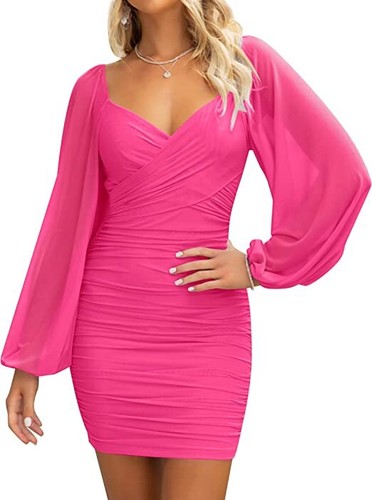 Women Sexy Bodycon Dress V Neck Puff Long Sleeve Cocktail Wedding Party Dresses - Picture 6 of 8