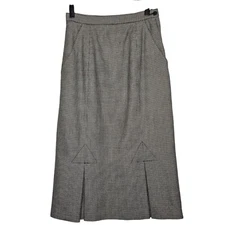 Houndstooth Wool Blend A-Line Skirt Pocket Side Zipper Fish Tail Midi Office 7/8