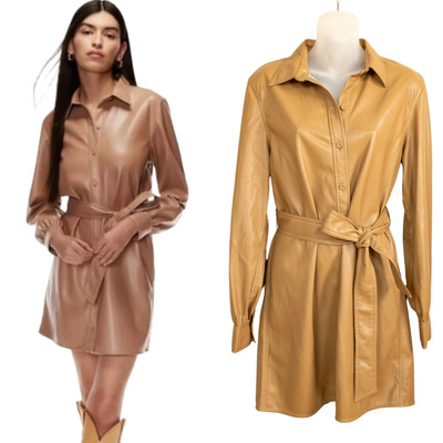WILFRED Aritzia Caroline Shirt Dress Iced Latte Belted Faux Leather Womens Small