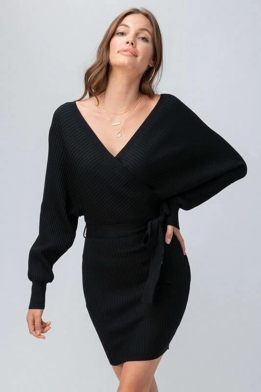 ScarvesMe Black Smooth Solid Color Long Sleeve Sweater Wrap Dress