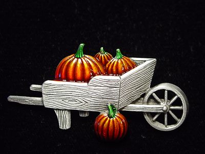 ''JJ'' Jonette Jewelry Silver Pewter 'Wheelbarrow of PUMPKINS' Pin  