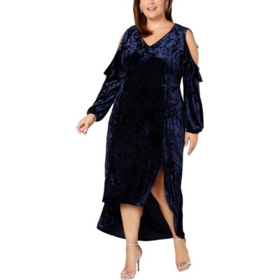 NY Collection Blue Crushed Velvet Cold Shoulder Maxi Dress Plus