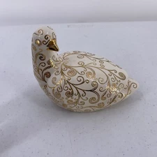 Vintage Bird Covered Dish Trinket Box Gold Off White Ceramic 1986