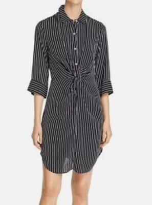 Three Dots Womens L Black  White Striped Twist Front Collared Shirt Dress NWT