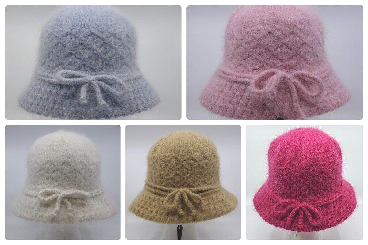 WOW! VINTAGE SOFT ANGORA KNIT BUCKET HAT WITH BOW 