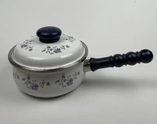 Crowning Touch Porcelain Enamel Cookware Pan Blue Garland Pattern MCM Vintage