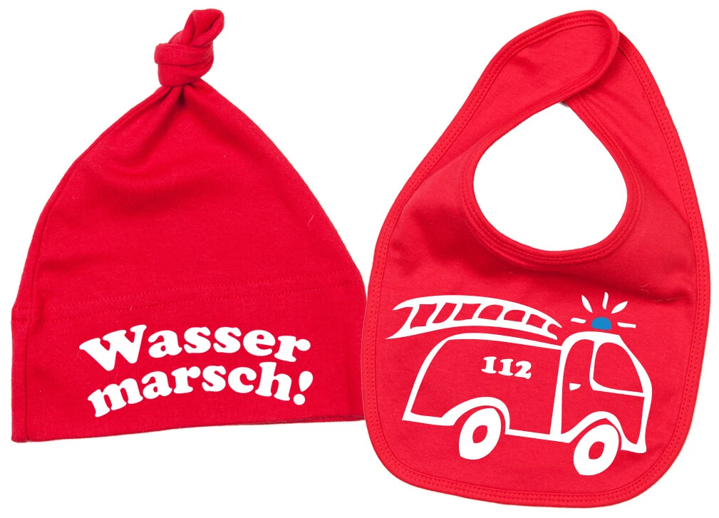 FIRE BRIGADE Water March! Hat & Bib Baby Set, Red