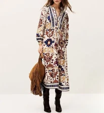 Women Ba&sh V-neck Floral Lantern Sleeve A-line Midi Dress