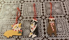 Three Holiday Dog Christmas Ornaments Corgi Hand Painted Balsa Wood Brand New