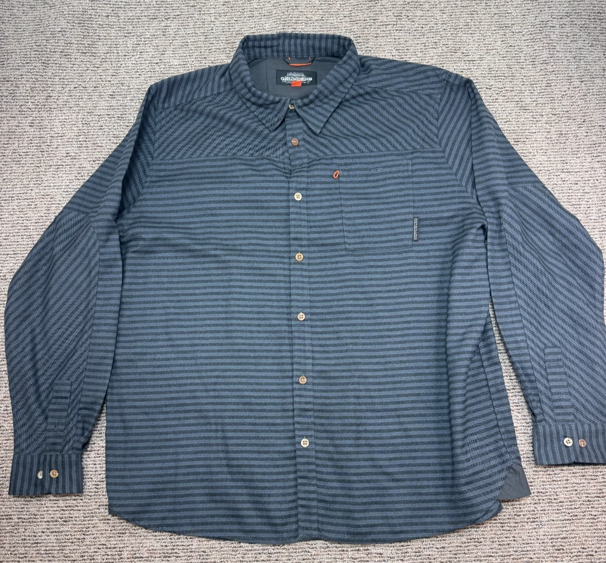 Grundens Flannel Shirt Mens 2XL Gray/Blue Striped Long Sleeve Fishing Hiking