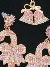 2 PIECE SET CHRISTMAS BETSEY JOHNSON CRYSTAL CANDY CANE EARRINGS  BELLS PENDANT 