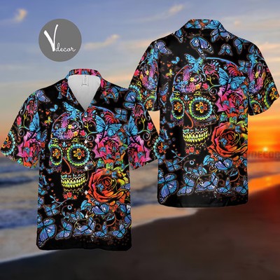 Skull Floral Pattern Hawaiian Shirt Mens Womens Beach Aloha Top