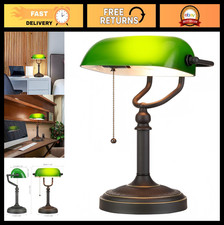 Antique Green Glass Banker Desk Lamp - Pull Chain Switch, Plug-in Lighting Fixtu