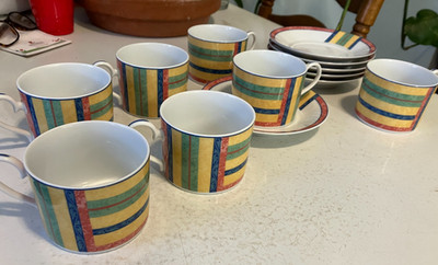 Vintage Noritake Club Stripe Flat Cups and Saucers, Lot of 13, Excellent!