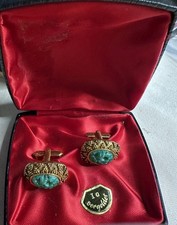 Vintage Gold Plated Carved Stone Cufflinks in Jewellery Box