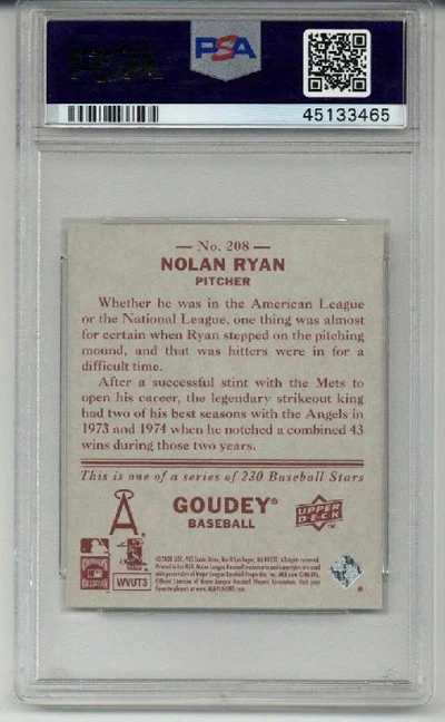 Tarjeta de Nolan Ryan Angels 2008 cubierta superior Goudey #208 PSA 10 bajo pop muy rara Foto 2 de 2