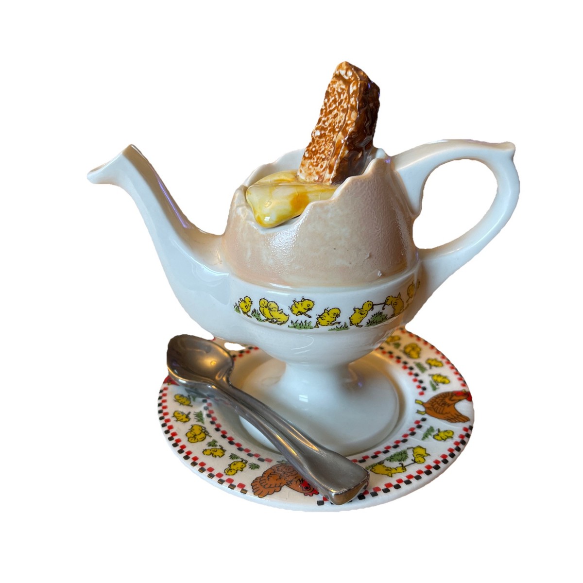 Vintage Paul Cardew Rare Egg Cup Saucer With Spoon & Teapot 5” Set