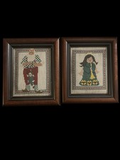 VTG Christmas Needlepoint Santa  Angel Framed Set Of 2 6.5  x 5.5  