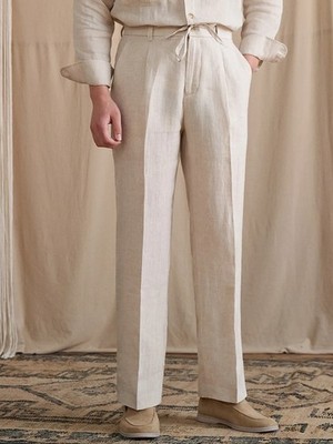 Men's 100% Linen High-Waist Loose Fit Stretch Pants Summer Casual Long Trousers