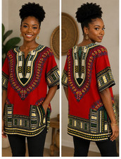 Women's Red Dashiki Short Sleeve Top, African Print, African Cultural Style