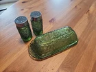 VINTAGE ANCHOR HOCKING GREEN SORENO AVOCADO STICK BUTTER DISH & SALT & PEPPER