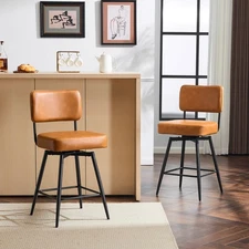 Faux Leather Upholstered Counter Stools with Back and Metal Frame Saddle Brown
