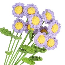 10Pcs Crochet Flower Handmade Knitted Small Potted Daisy with Stem Light Purple