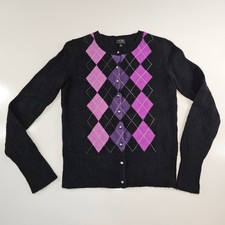 APT 9 100 Cashmere Argyle Cardigan Sweater Black Pink Purple Size S